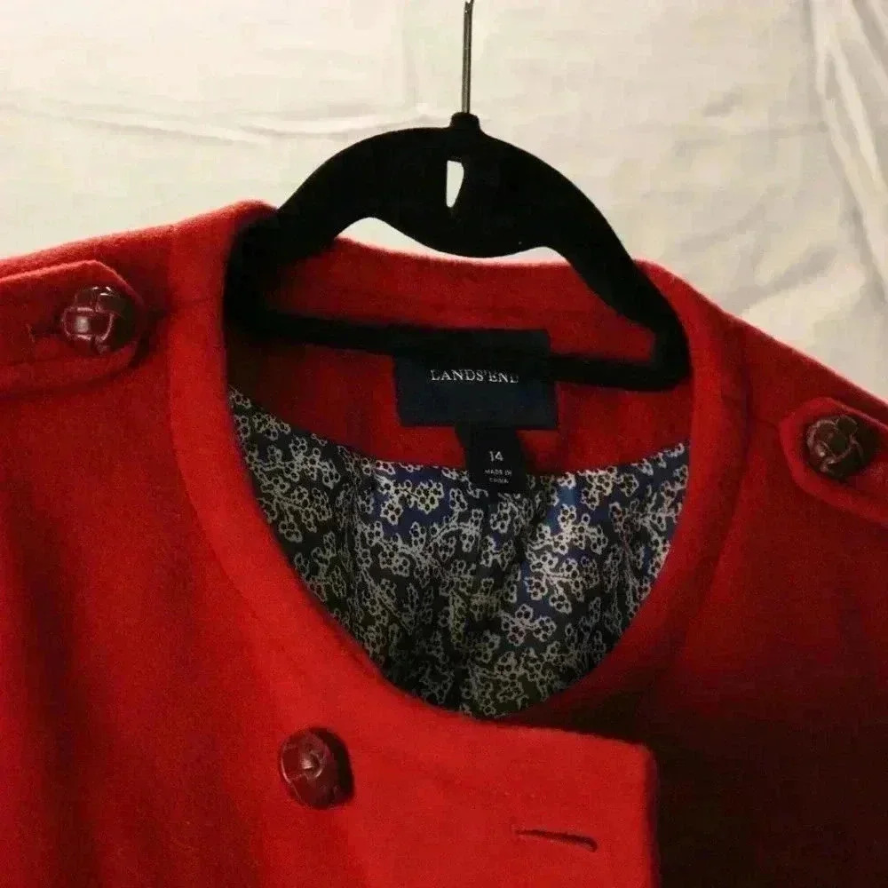 Lands' End Red Wool Long Coat women's 14 vintage pea coat winter warm - Picture 4 of 10